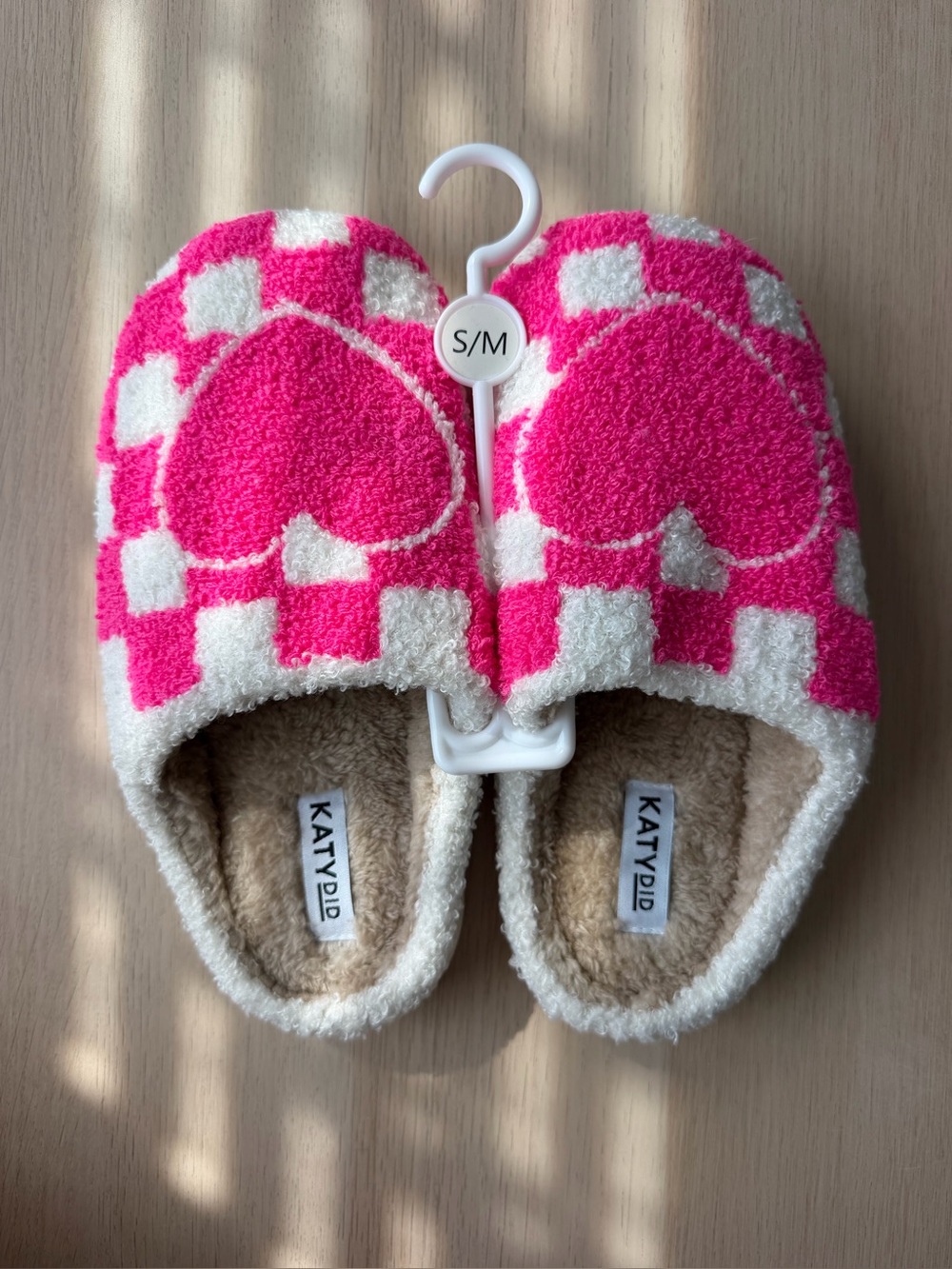 Katydid Pink Checkered Heart Slippers Women's Size S/M (6/7) NWOT Cozy Home Warm
